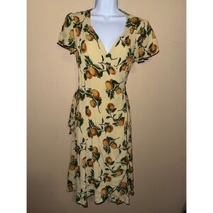Loco Lindo Yellow Citrus Fruit Wrap Dress Short Flutter Sleeve S Feminine Picnic
